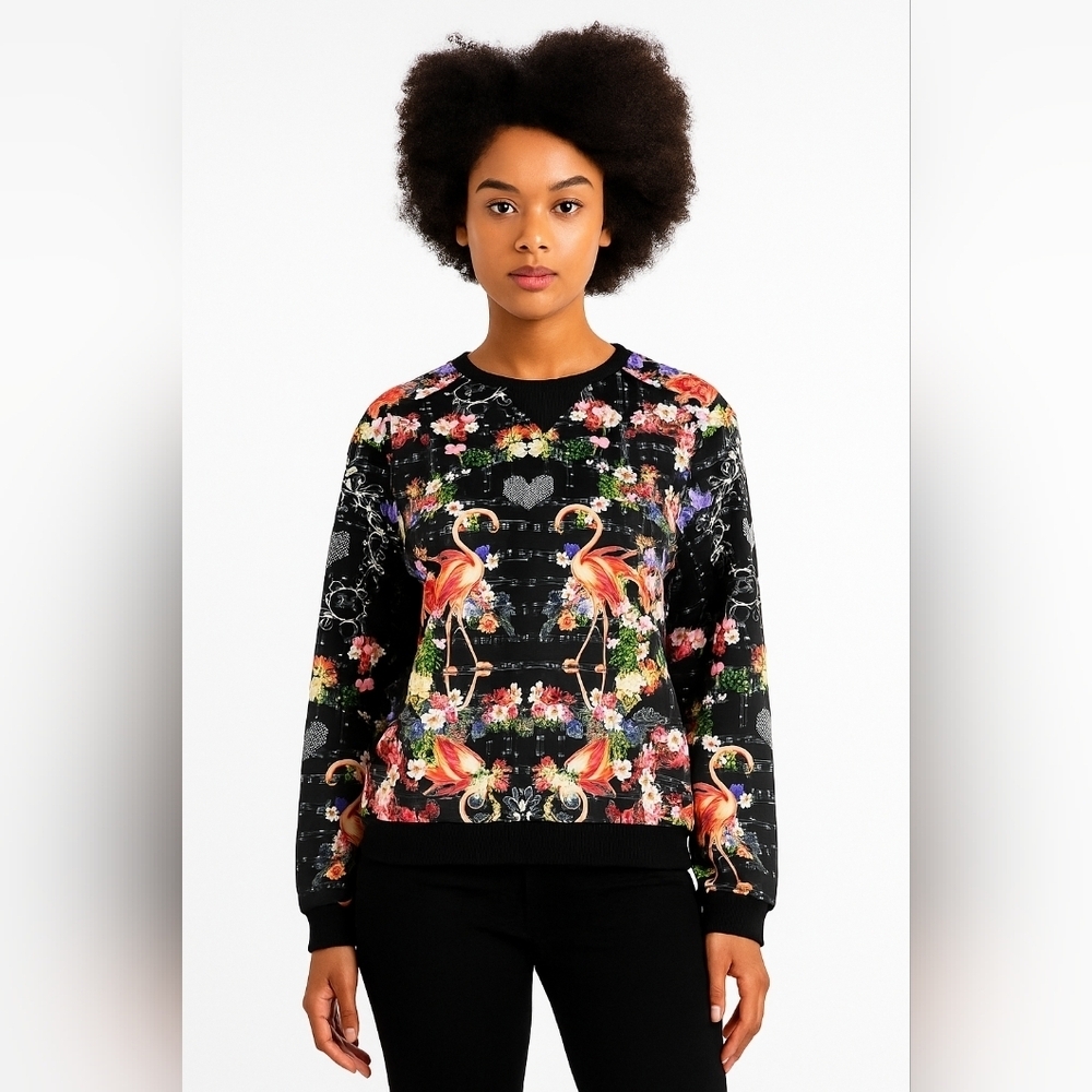 RARY Floral Flamingo Black Sweater Size 38 Made In Italy